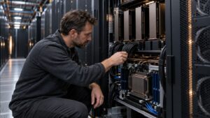 Τεχνικός ελέγχει υποδομή CPU και GPU για masked diffusion LLM serving
