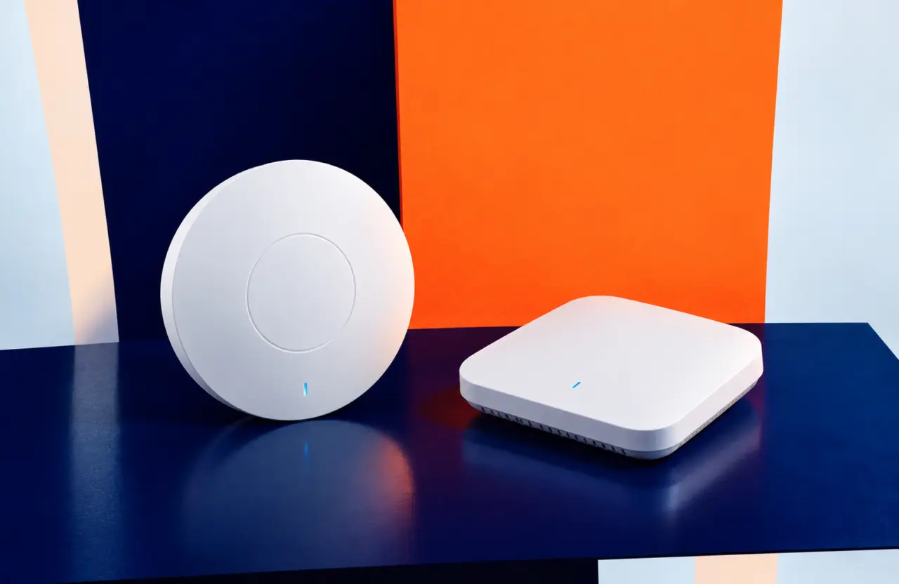 Points d'accès Access Points: φωτογραφία εξοπλισμού σε πορτοκαλί και μπλε φόντο TWO DOTS