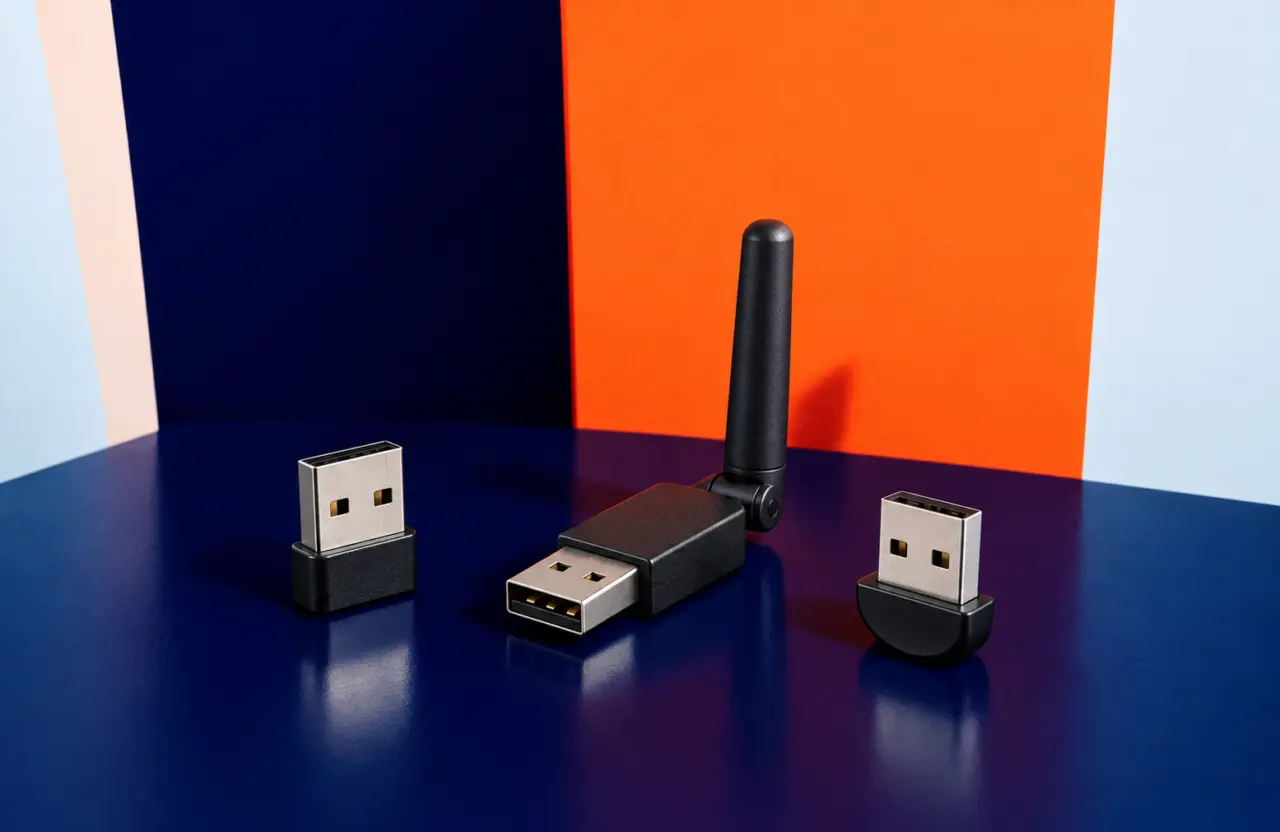 Adaptateurs Bluetooth Bluetooth Adapters: φωτογραφία εξοπλισμού σε πορτοκαλί και μπλε φόντο TWO DOTS