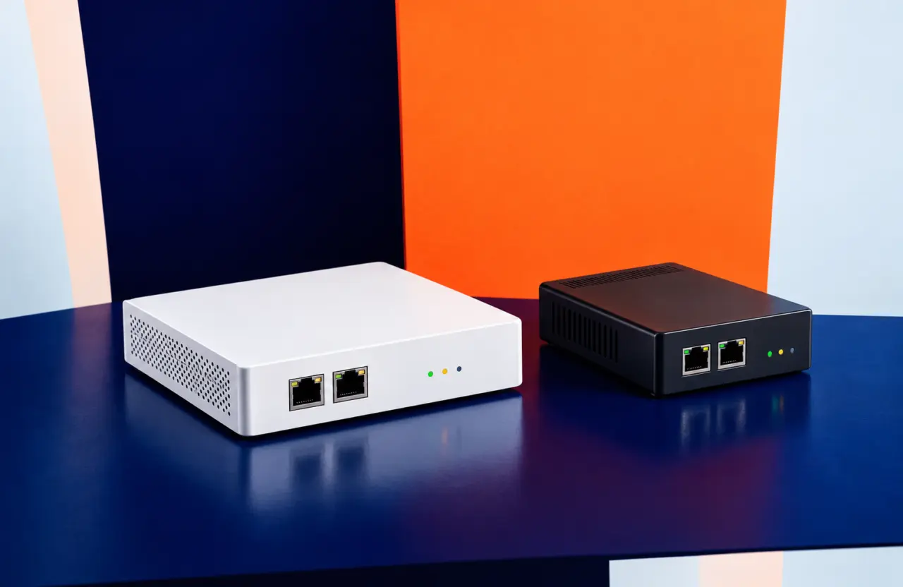Controllers Δικτύου: φωτογραφία εξοπλισμού σε πορτοκαλί και μπλε φόντο TWO DOTS