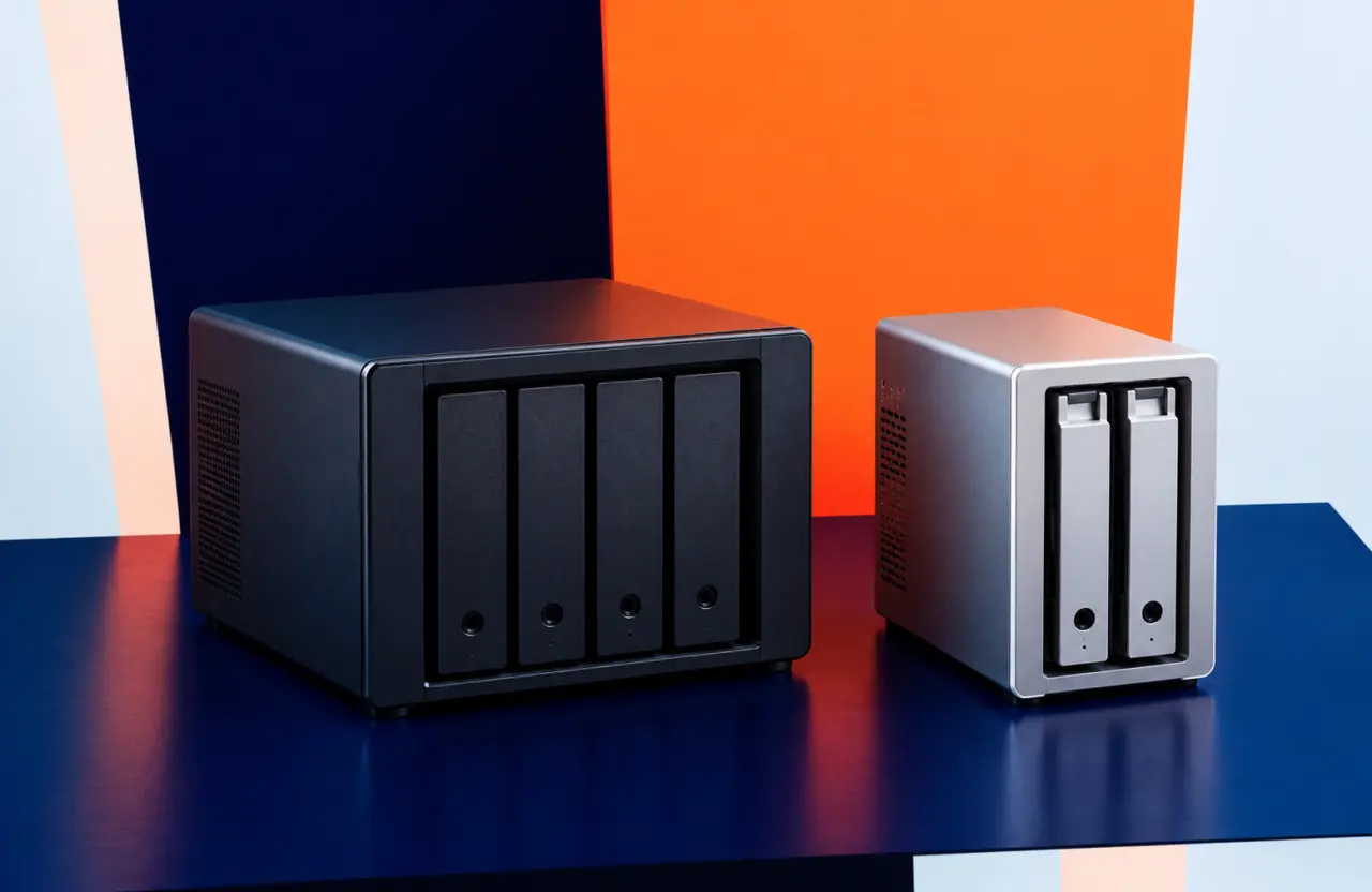 Serveurs de fichiers / NAS File Servers / NAS: φωτογραφία εξοπλισμού σε πορτοκαλί και μπλε φόντο TWO DOTS