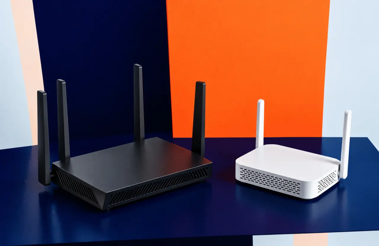 Routers: φωτογραφία εξοπλισμού σε πορτοκαλί και μπλε φόντο TWO DOTS