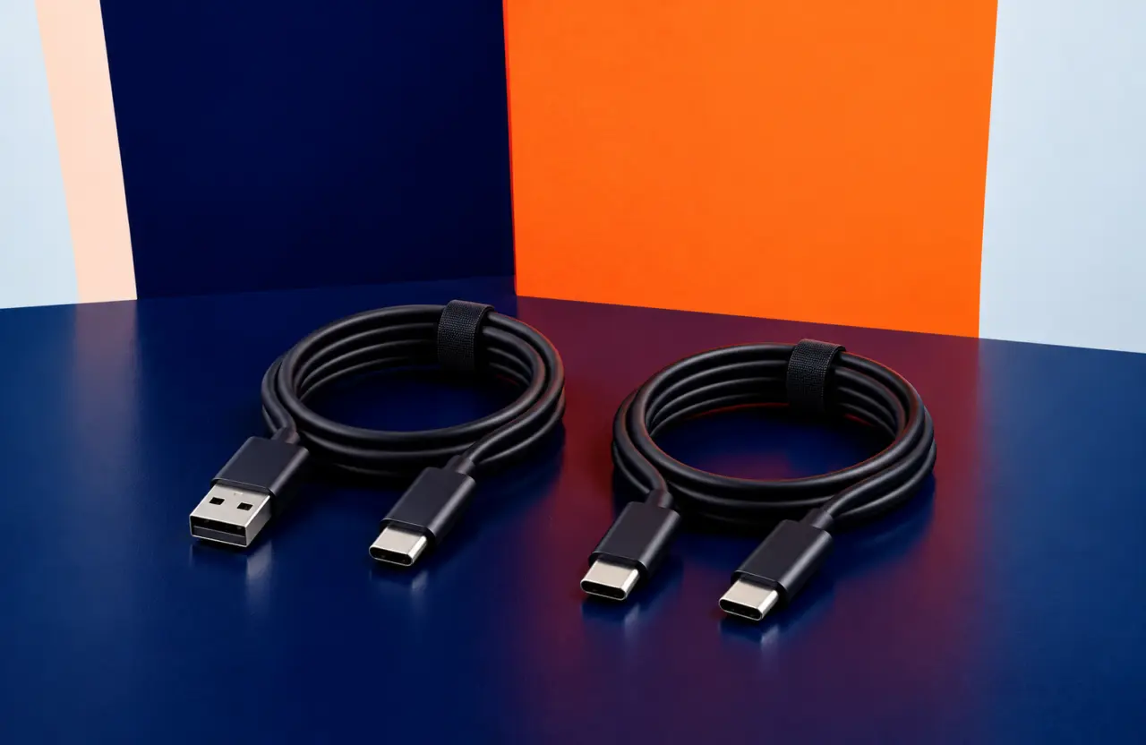 Καλώδια USB: φωτογραφία εξοπλισμού σε πορτοκαλί και μπλε φόντο TWO DOTS