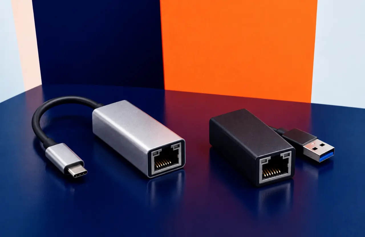 USB Network Adapters USB Adapters Δικτύου: φωτογραφία εξοπλισμού σε πορτοκαλί και μπλε φόντο TWO DOTS