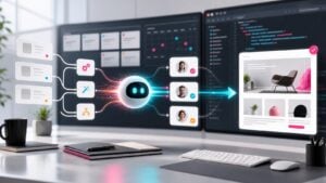 Σύγχρονη απεικόνιση AI content pipeline με CMS draft panels, data tables και ανθρώπινα σημεία ελέγχου για marketing ομάδα.