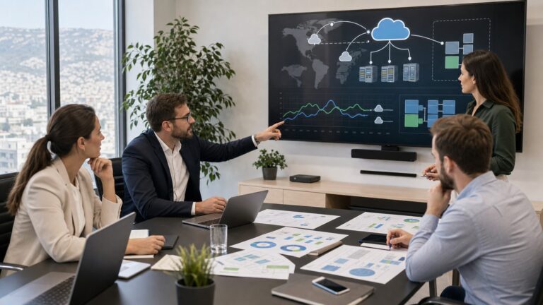 Business and technology professionals reviewing hybrid cloud workload placement strategy