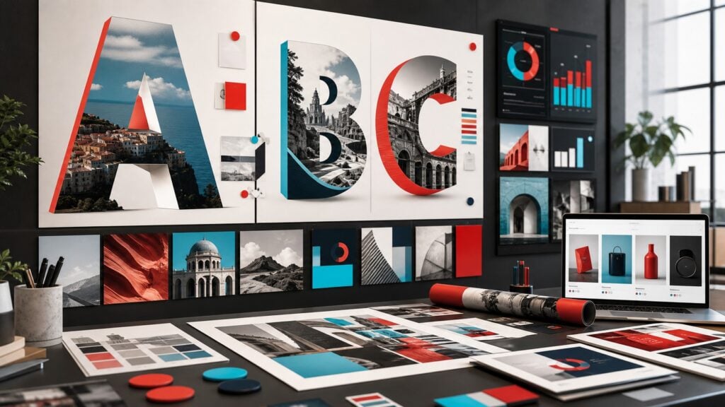 Σύγχρονο editorial visual με τυπογραφικά campaign boards και digital marketing dashboard για brand strategy.