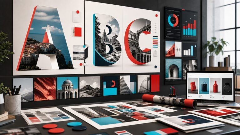 Σύγχρονο editorial visual με τυπογραφικά campaign boards και digital marketing dashboard για brand strategy.