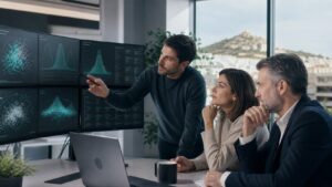 Ομάδα επαγγελματιών εξετάζει AI analytics και κατανομές δεδομένων σε σύγχρονο γραφείο.