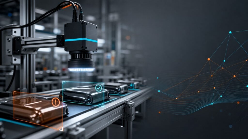 Machine vision σύστημα που ελέγχει προϊόντα σε γραμμή παραγωγής με ψηφιακές ενδείξεις ποιότητας