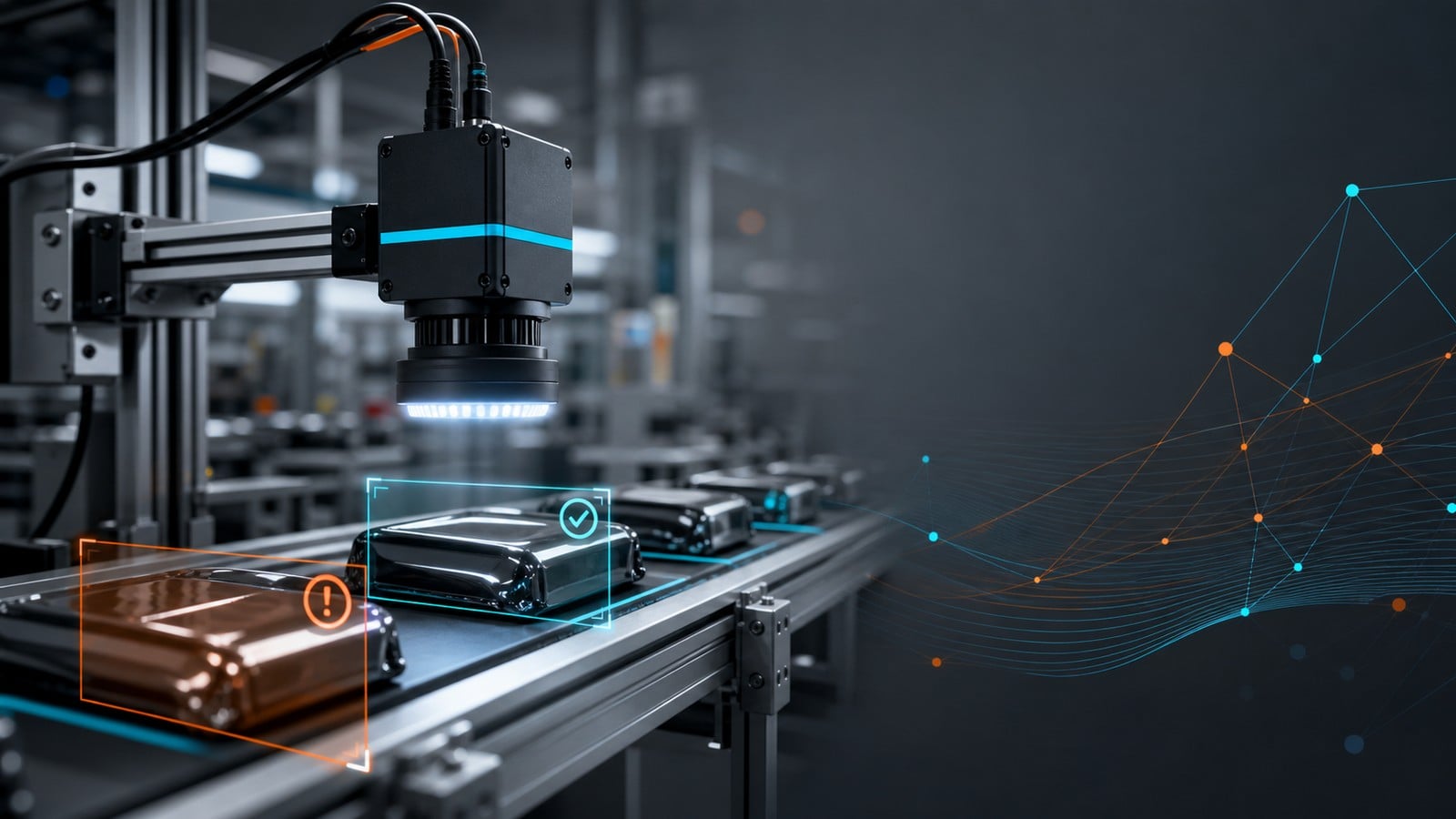 Machine vision σύστημα που ελέγχει προϊόντα σε γραμμή παραγωγής με ψηφιακές ενδείξεις ποιότητας